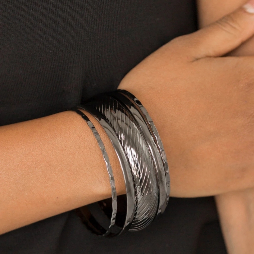 Paparazzi Dark Silver Gunmetal Bangles Mixed Texture Set